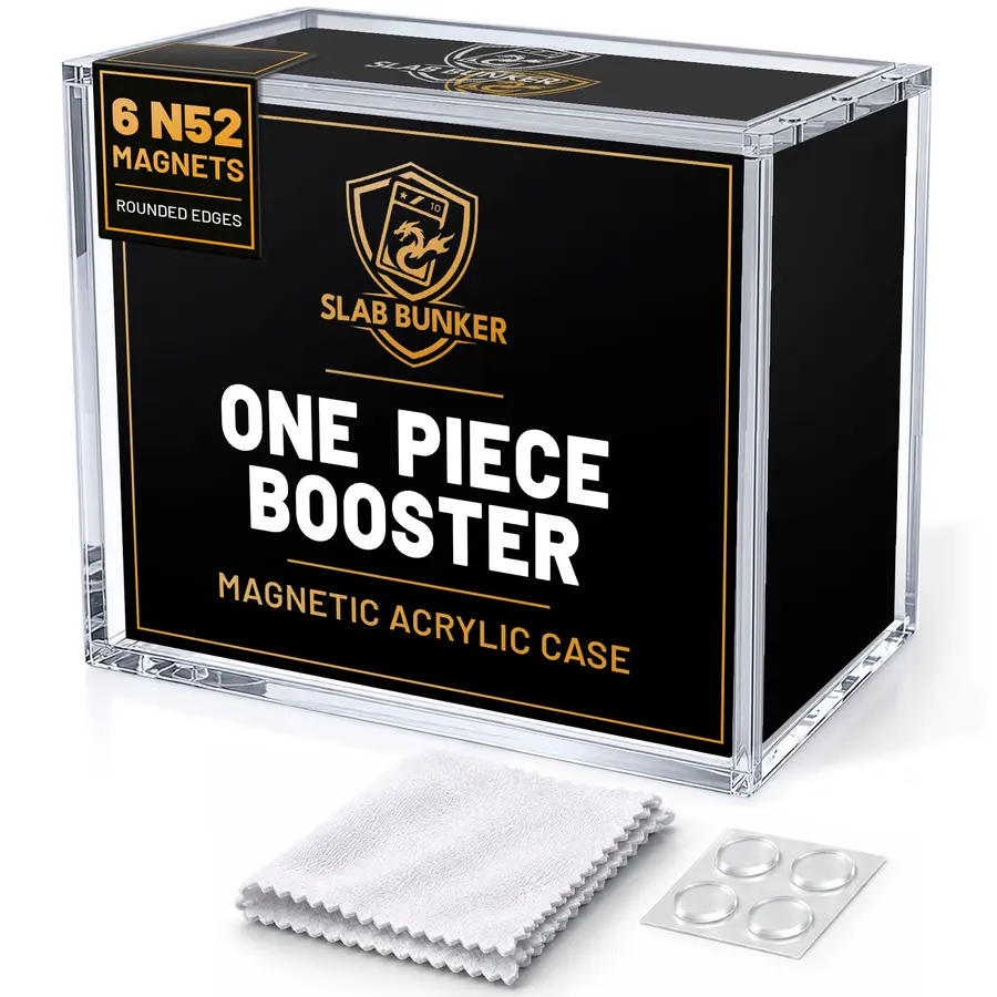 Slab Bunker One Piece booster box acrylic case beside its black retail box, with anti-slip pads