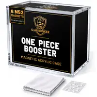 Slab Bunker One Piece booster box acrylic case beside its black retail box, with anti-slip pads