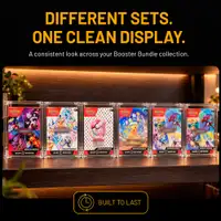 Sealed Pokémon booster bundles in acrylic cases lined up on a lit shelf
