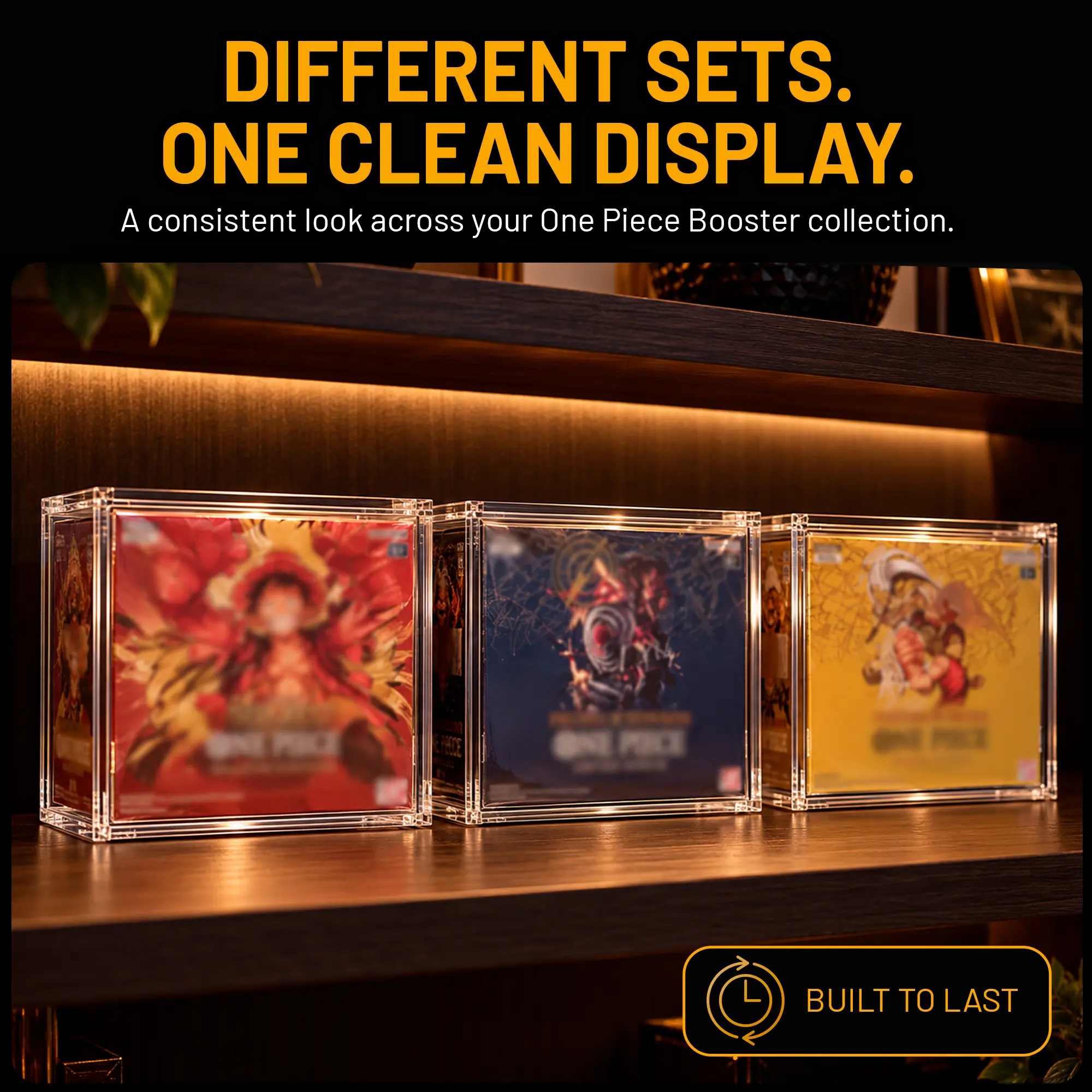 Sealed One Piece Card Game booster boxes displayed in Slab Bunker acrylic cases on a shelf