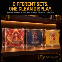 Row of sealed One Piece booster boxes in matching acrylic cases on a shelf