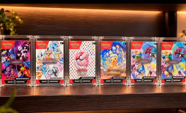 Six Pokémon booster bundles in Slab Bunker acrylic cases lined up on a shelf