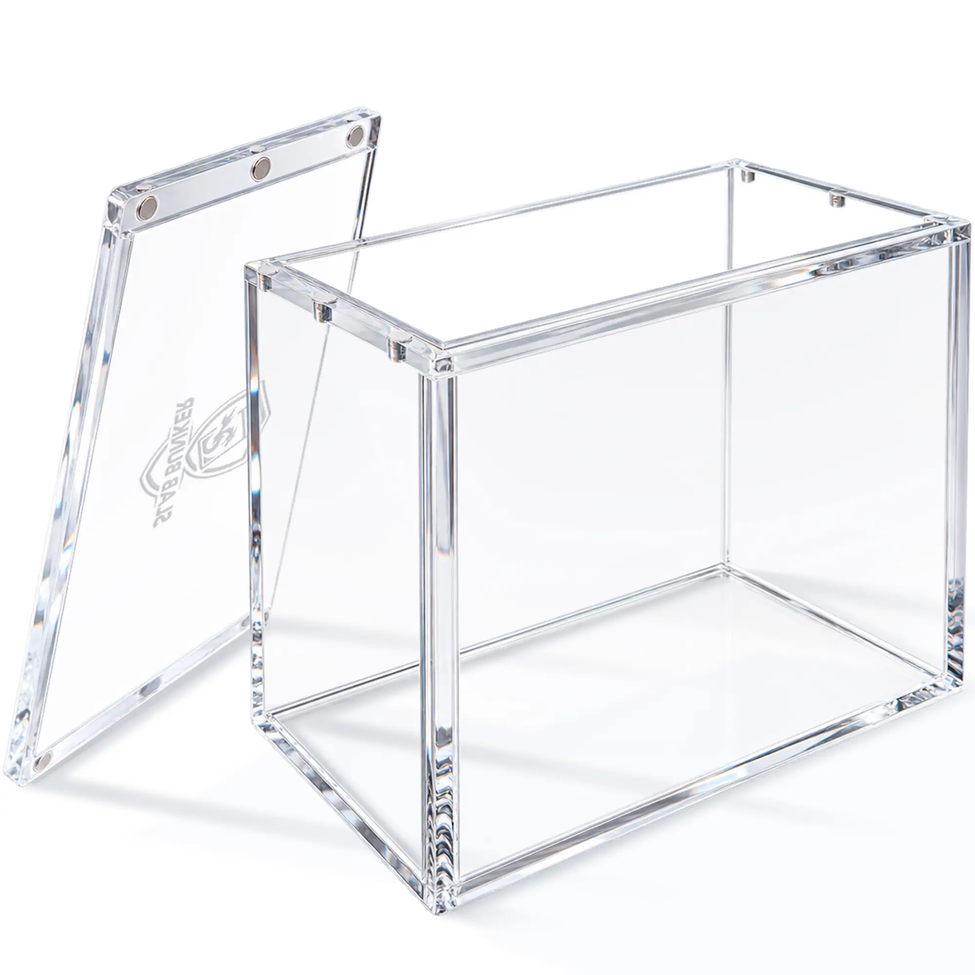 Slab Bunker clear acrylic ETB case with its magnetic lid lifted off