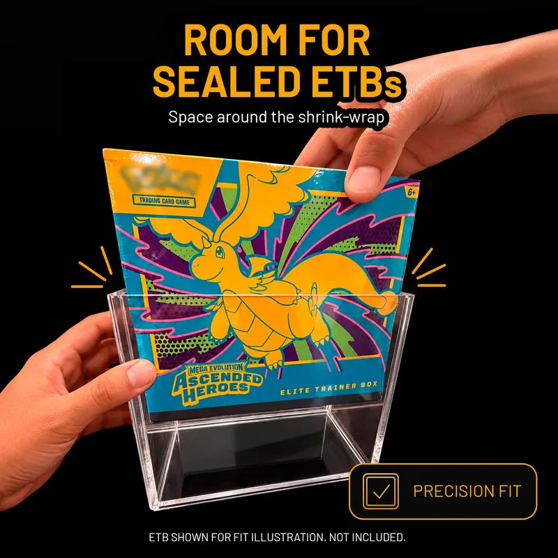 Hands sliding a sealed Pokémon Elite Trainer Box into a Slab Bunker ETB case, with space around the shrink wrap