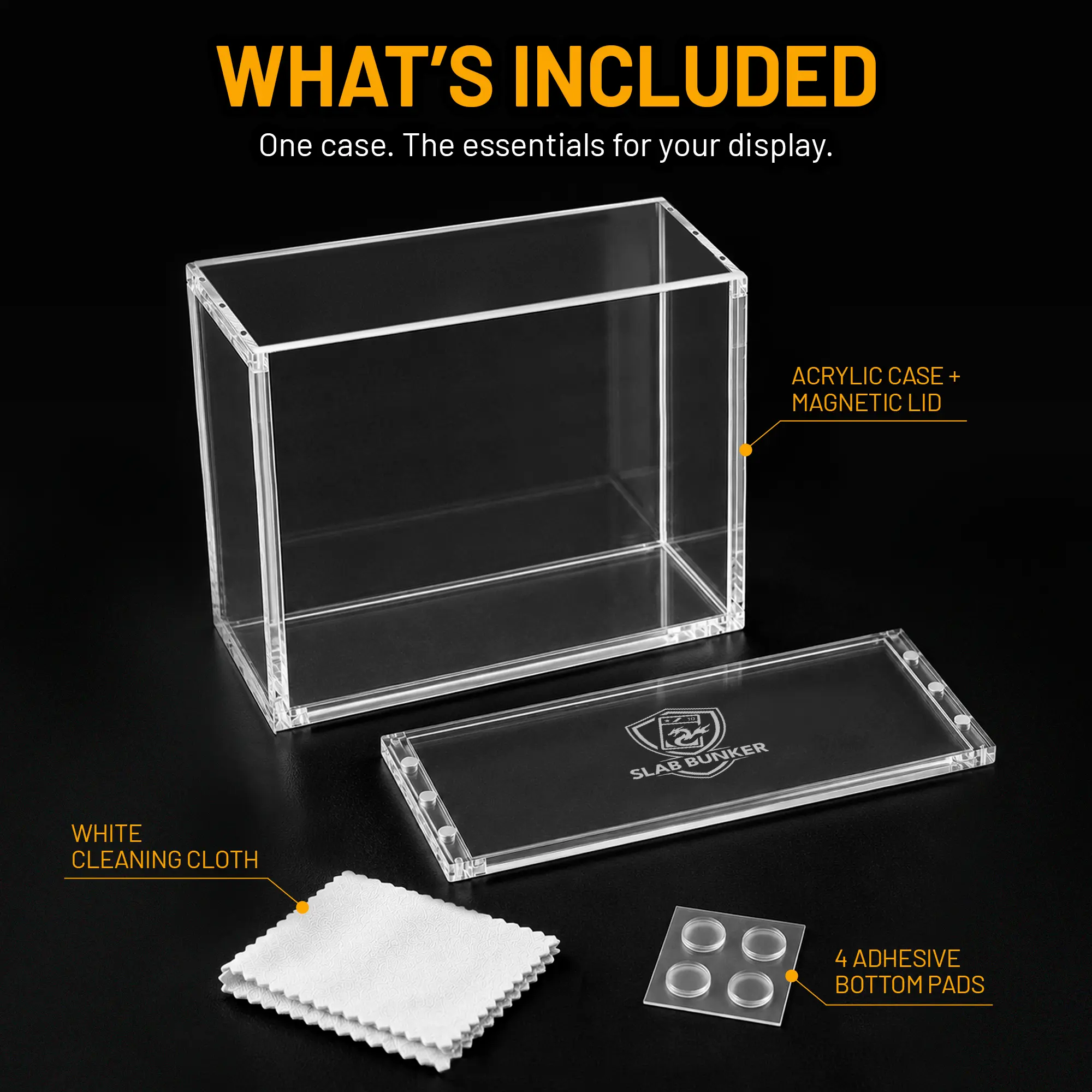 A row of sealed Pokémon ETBs in matching Slab Bunker acrylic cases on a lit shelf