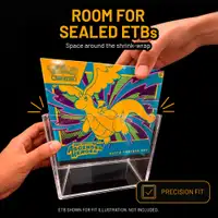 Hand sliding a sealed Pokémon ETB into the clear acrylic case, showing room around the shrink wrap