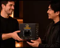 Two collectors handing over a cased ETB on a display shelf