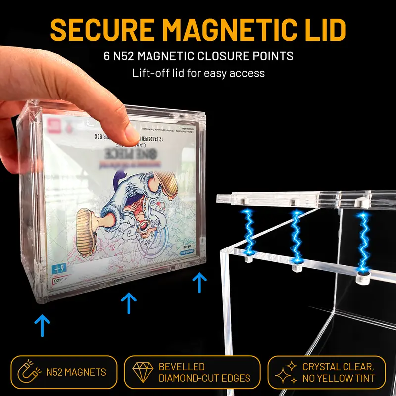 Hand lifting the N52 magnetic lid of a Slab Bunker One Piece booster box case