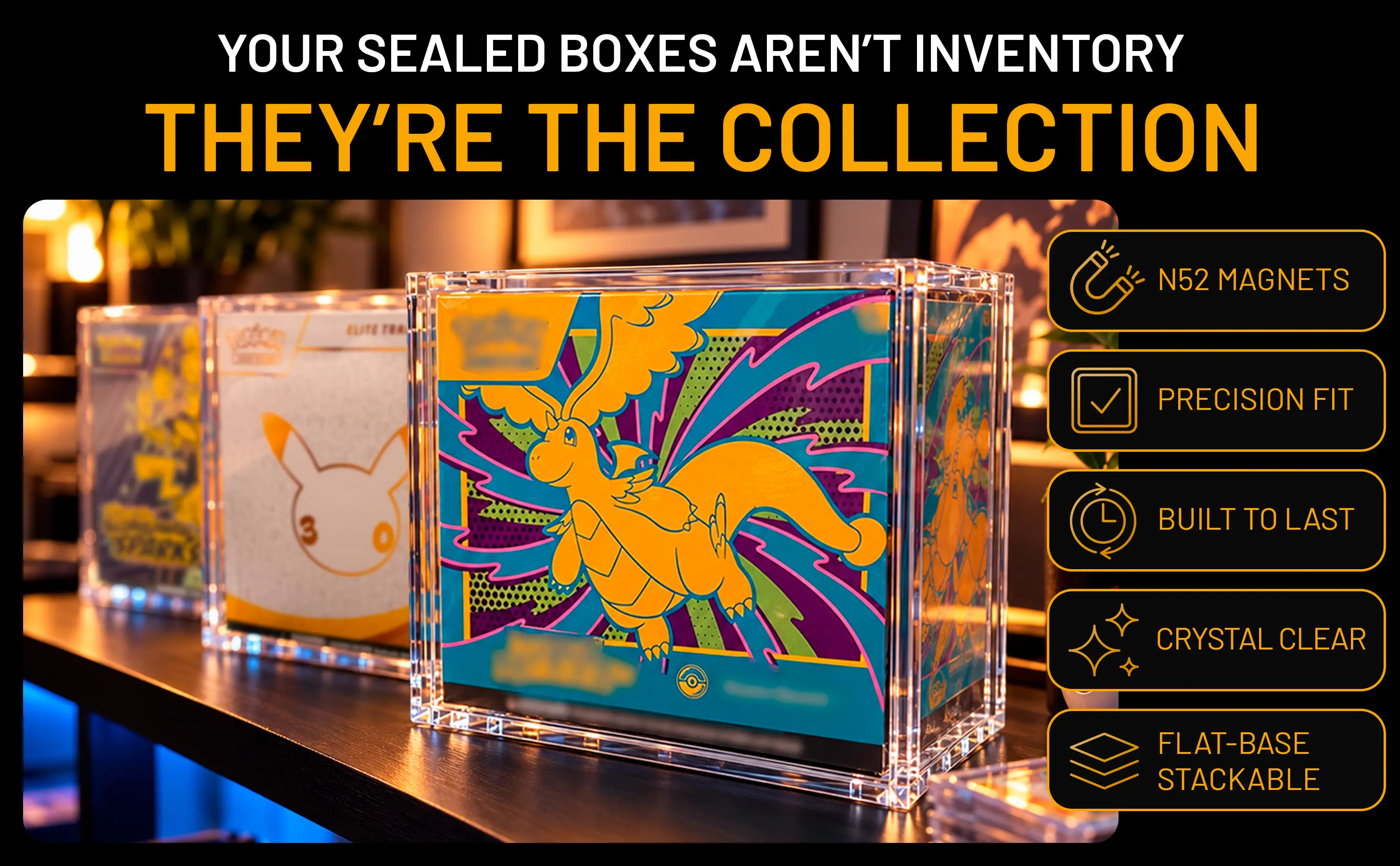 Sealed Pokémon Elite Trainer Boxes displayed on a shelf in clear Slab Bunker acrylic cases